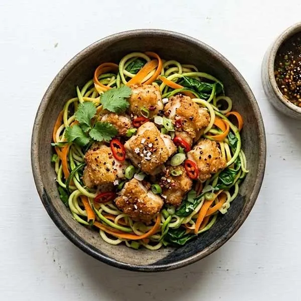 Salt and pepper chicken with veggie noodles